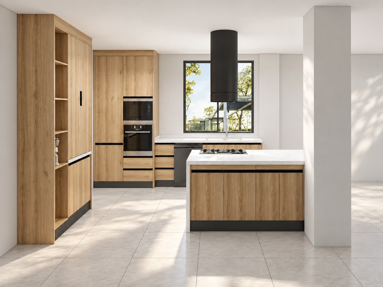 A bright custom kitchen interior with timber cabinetry
